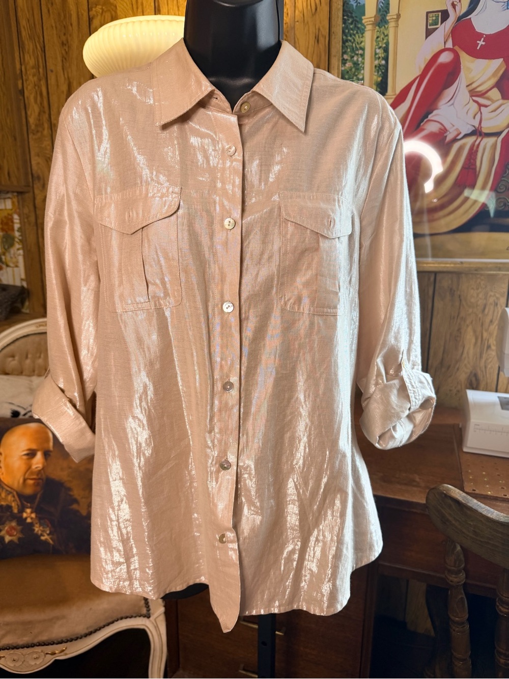 Ruby Rd. Shimmery Champagne Button-Down Blouse - Picture 2 of 11